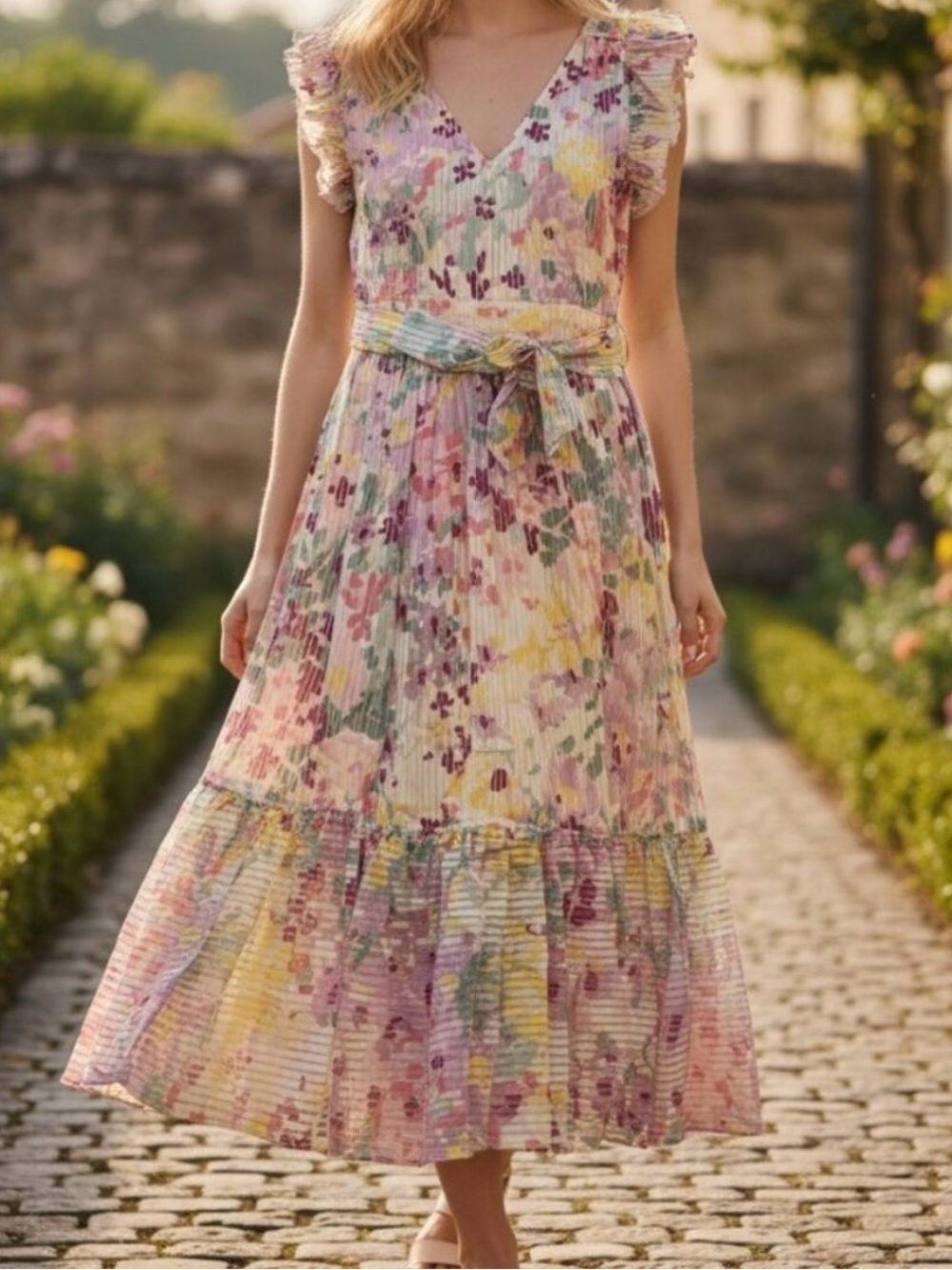 NWOT kate spade Pastel Floral Pleated Midi Dress - Pink, Yellow, Green size 00
